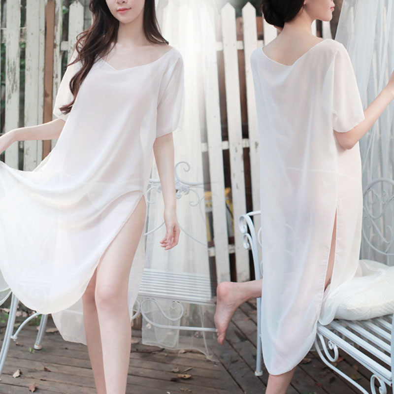 Summer Chiffon Side Slit Chemise Mesh Nightdress Summer Chiffon Side Slit Chemise Mesh Nightdress