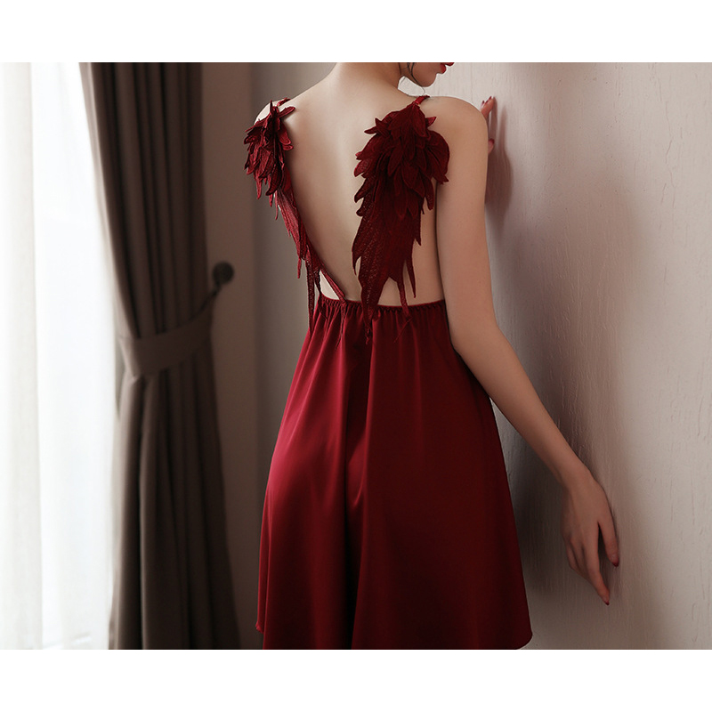 Deep V-neck Long Dress Lingerie with Angel Wings on the Back Red Deep V-neck Long Dress Lingerie with Angel Wings on the Back Red
