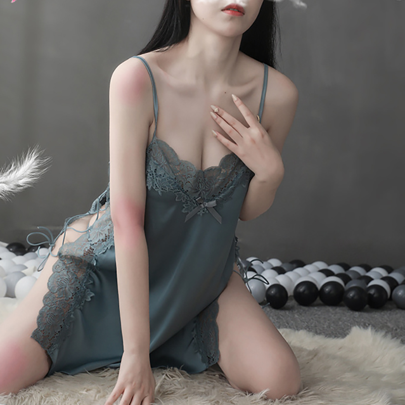V-Neck Lace Babydoll Strap Side Slit Lingerie Green
