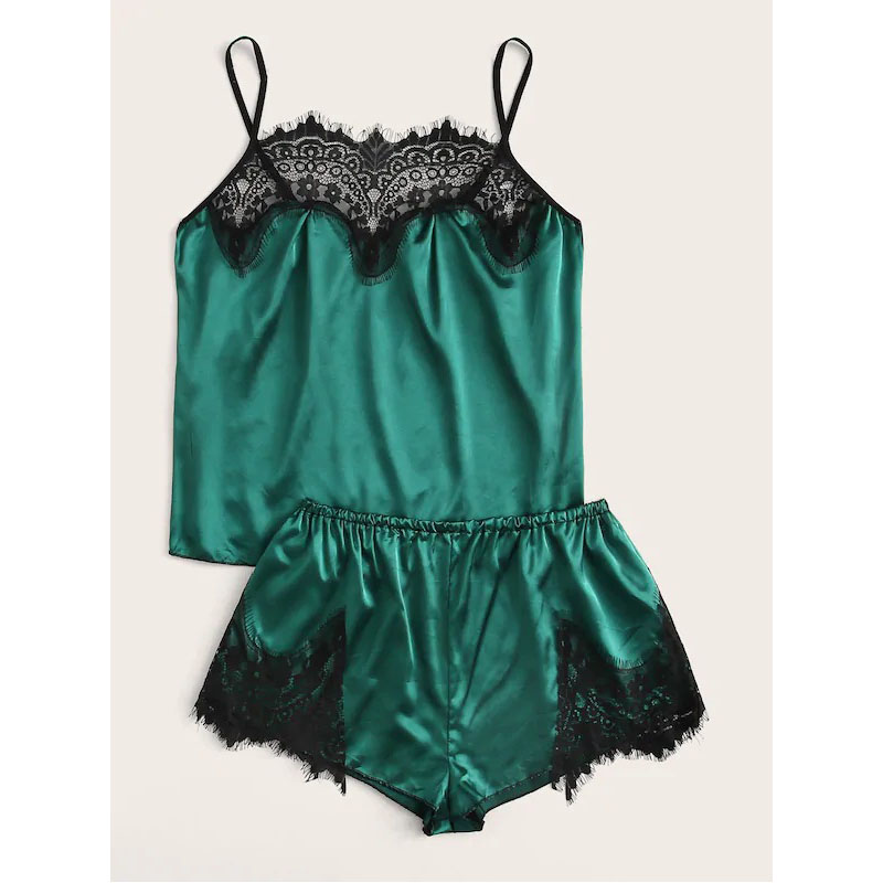Lace Trim V Neck Cami and Shorts Lingerie Set