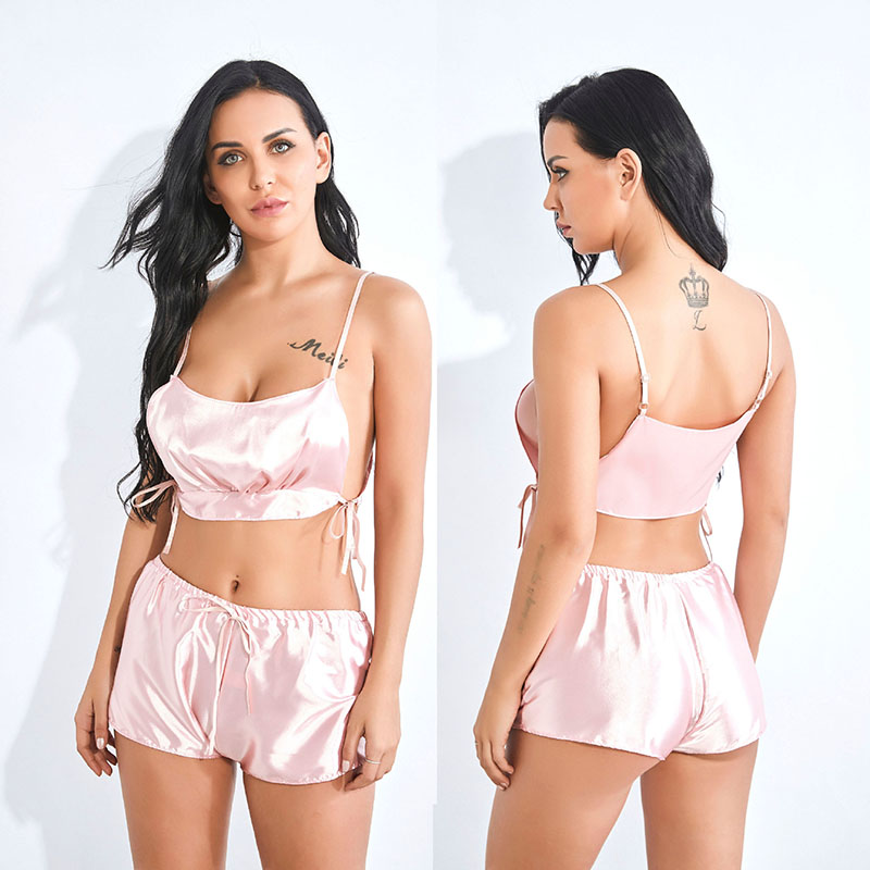 Lace Trim Satin Cami and Shorts Pajama Set Black