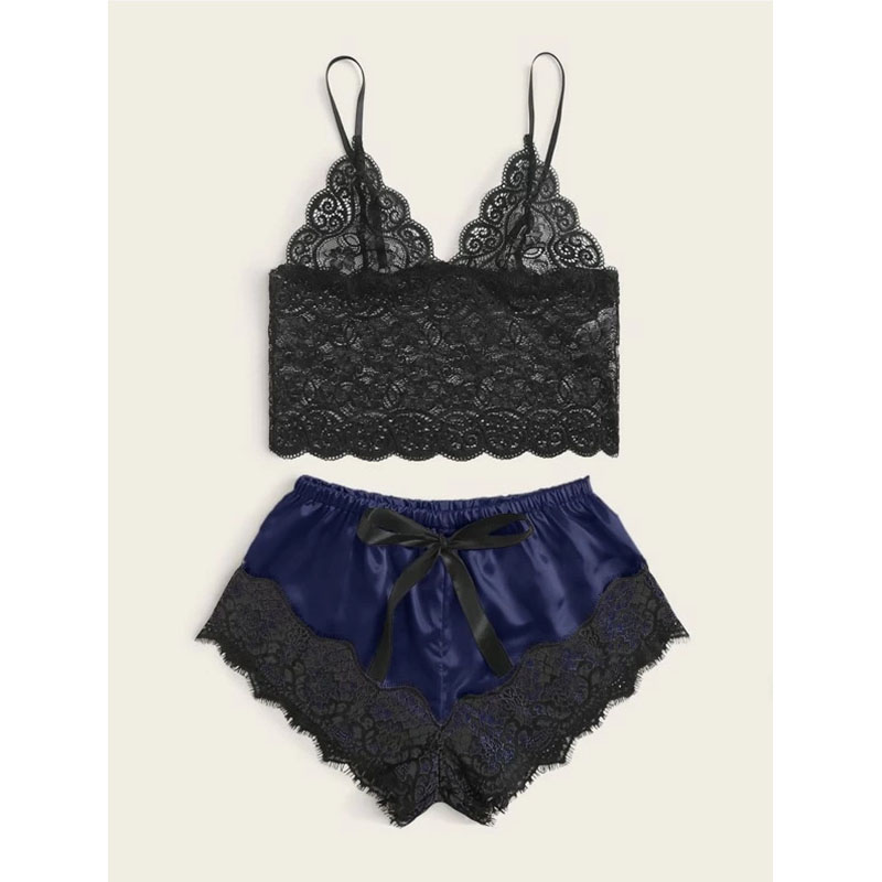Lace Cami Top with Shorts 2 Piece Sexy Lingerie Blue