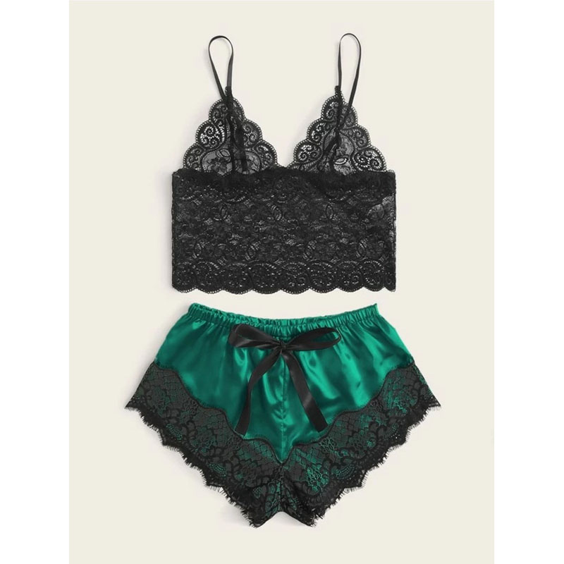 Lace Cami Top with Shorts 2 Piece Sexy Lingerie Green