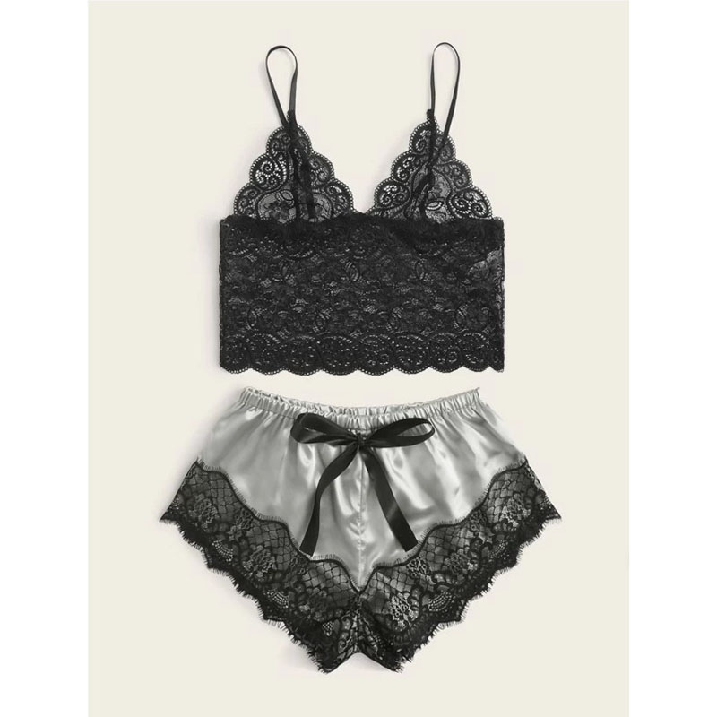 Lace Cami Top with Shorts 2 Piece Sexy Lingerie Gray