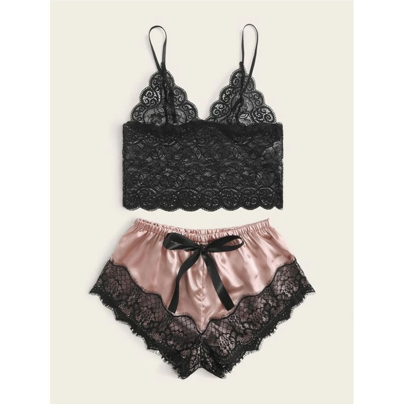Lace Cami Top with Shorts 2 Piece Sexy Lingerie Pink