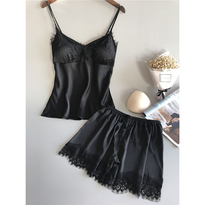 Lace Trim Satin Cami and Shorts Pajama Set Black