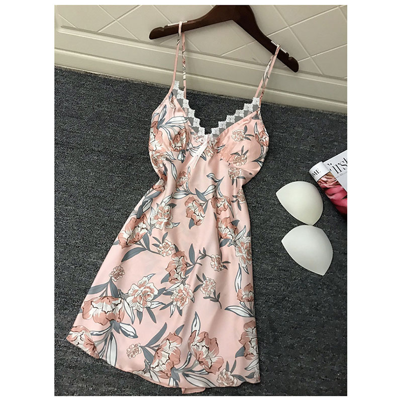 Floral Printed Lace Chemise Nightgown Babydoll Pink