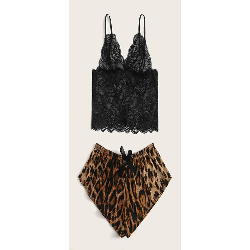 Lace Cami Top with Shorts 2 Piece Leopard Set Black