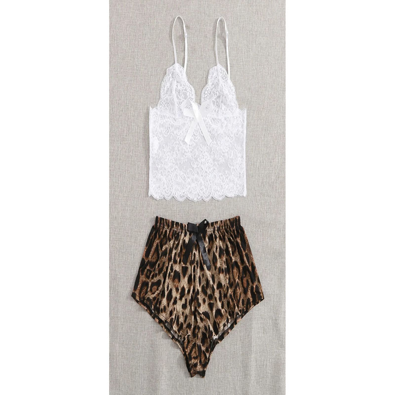 Lace Cami Top with Shorts 2 Piece Leopard Set White