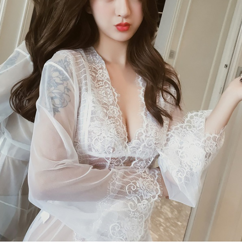 Deep V Nightwear Mesh Sheer Chemises Robe White Deep V Nightwear Mesh Sheer Chemises Robe White