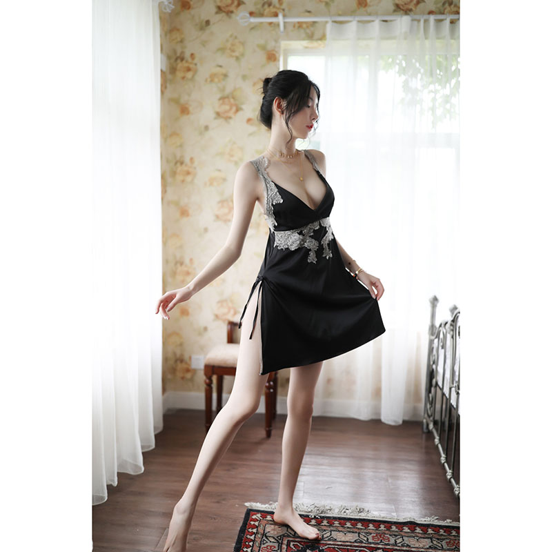 Satin Lace Nightgown Babydoll Sleepwear Dress Black Satin Lace Nightgown Babydoll Sleepwear Dress Black