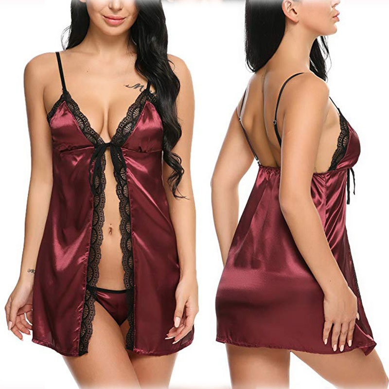 Lace Chemise Nightgown Satin Open Front Nightwear Burgundy