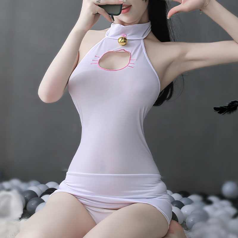 Sexy Cat Girls Sheer Mesh Babydoll Tight Dress Black