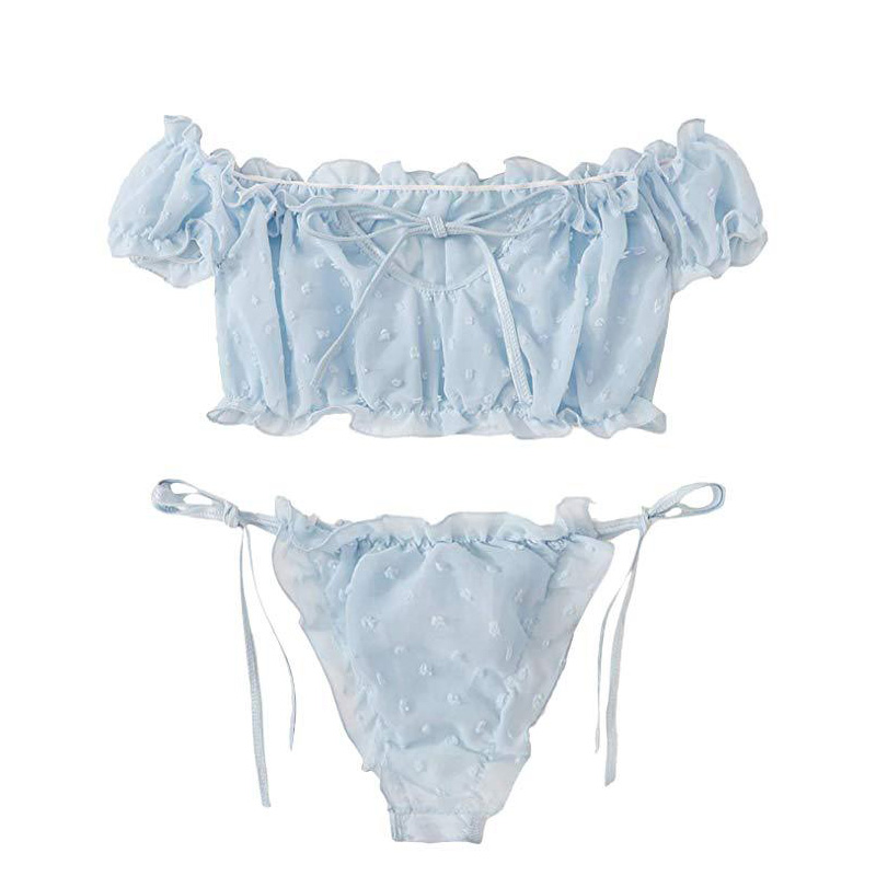 Self Tie Ruffle Trim Dobby Mesh Sexy Bra and Panty Set Blue