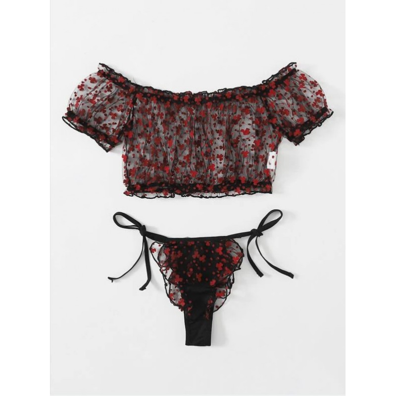 Ruffle Trim Dobby Mesh Sexy Bra and Panty Set