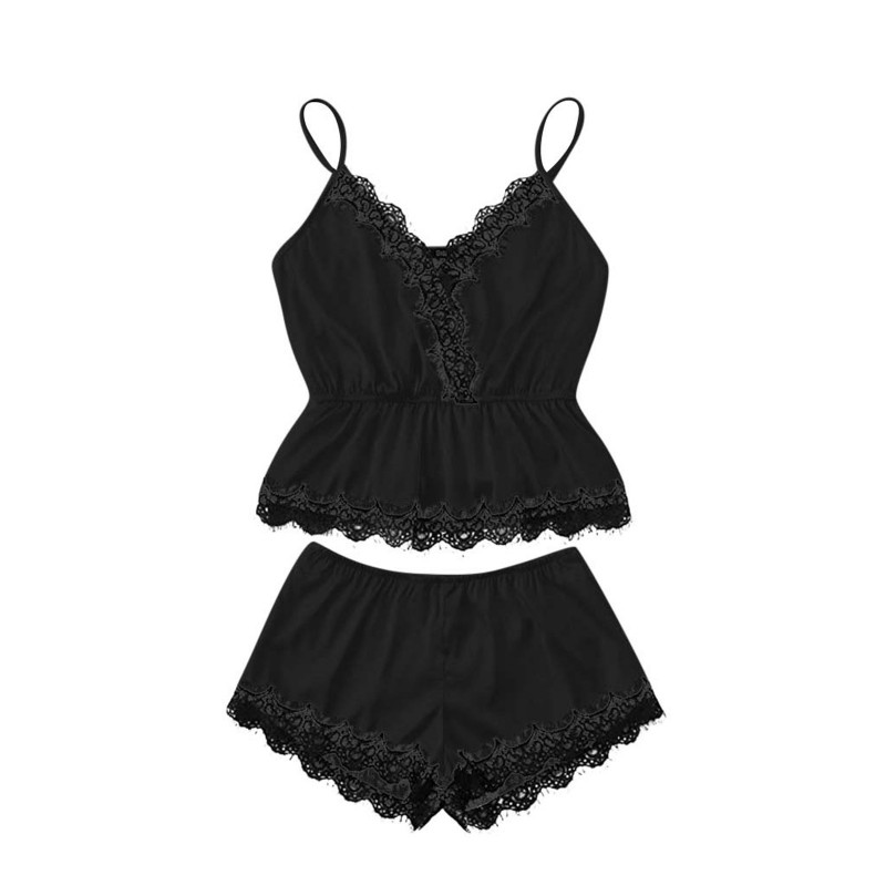 Sexy Lace Trim Sleepwear Cami Top and Shorts Pajama Set Black