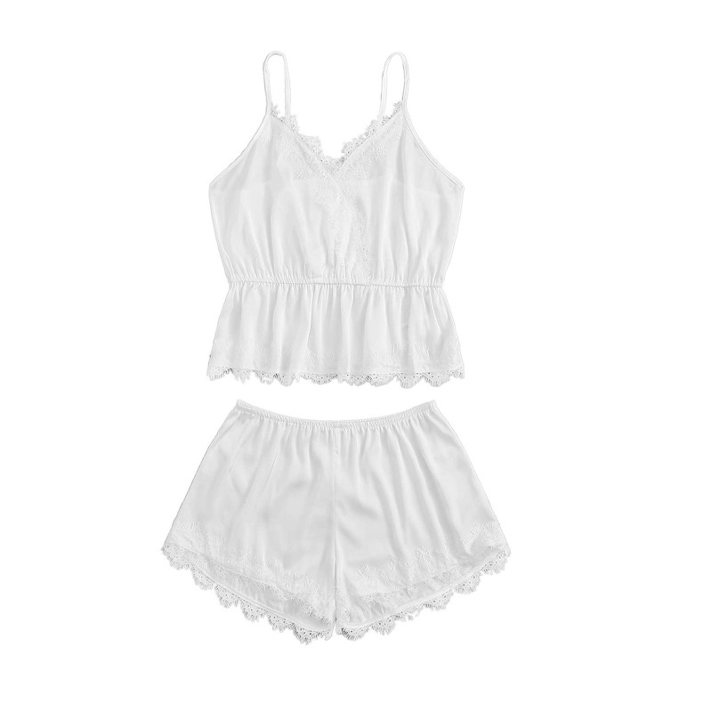 Sexy Lace Trim Sleepwear Cami Top and Shorts Pajama Set White