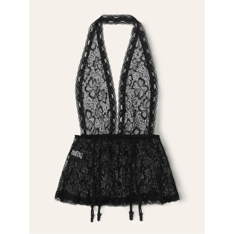 Halter Neck Lace Edge Lingerie with Galter Belt