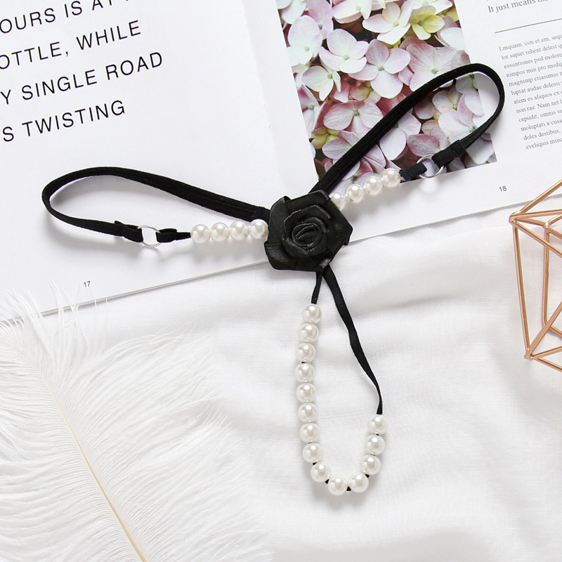 Women's Low Rise Brief Pearls Massage Chain G-String Black