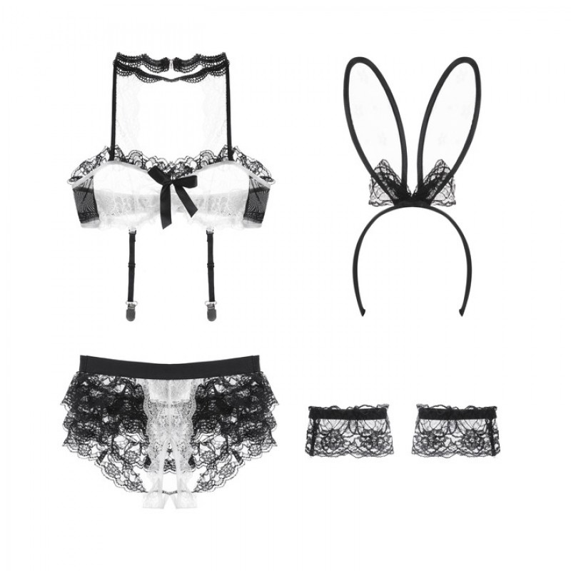 Sexy Bunny Costume Set Lace Naughty Nightclub Black Sexy Bunny Costume Set Lace Naughty Nightclub Black