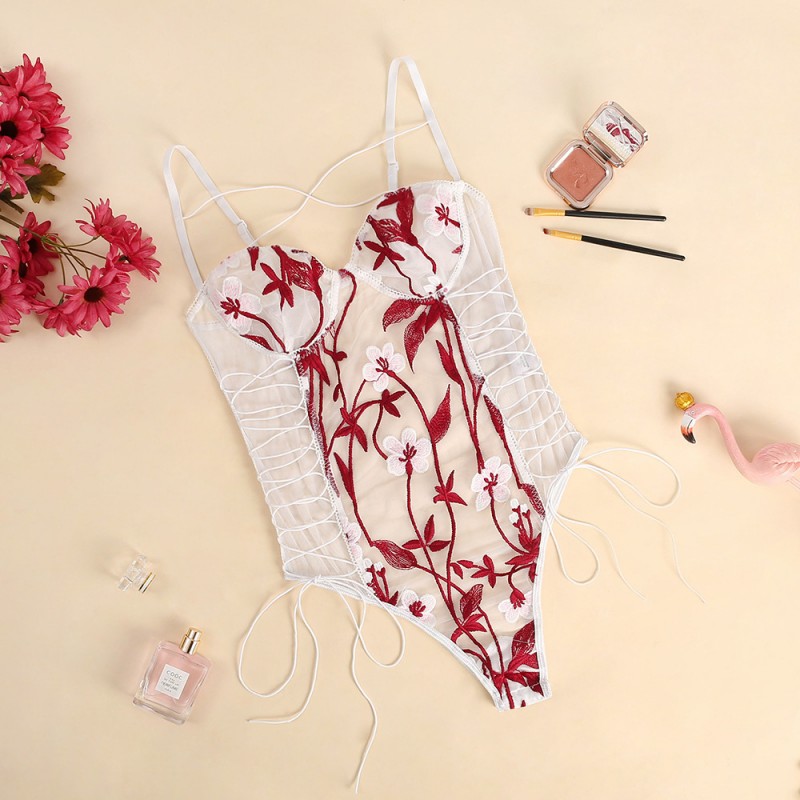 Floral Embroidered Sheer Mesh Lingerie Teddy Bodysuit Red Floral Embroidered Sheer Mesh Lingerie Teddy Bodysuit Red