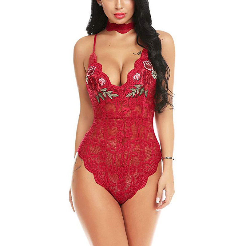 Sexy Lingerie Lace Edge Halter Deep V Bodysuit Red Sexy Lingerie Lace Edge Halter Deep V Bodysuit Red