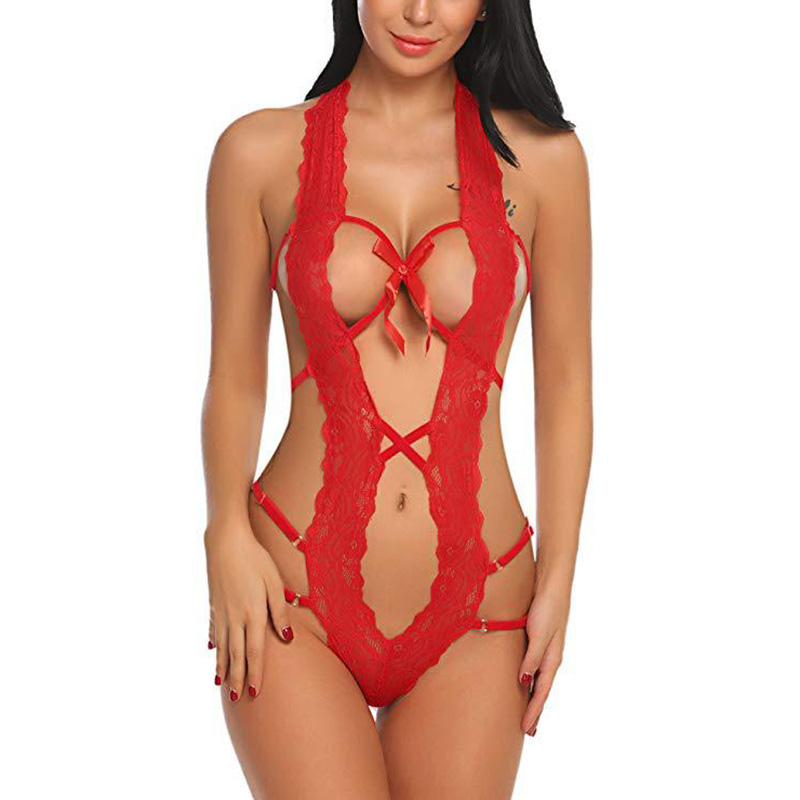 One Piece Hollow Out Lace Deep V Lingerie Red